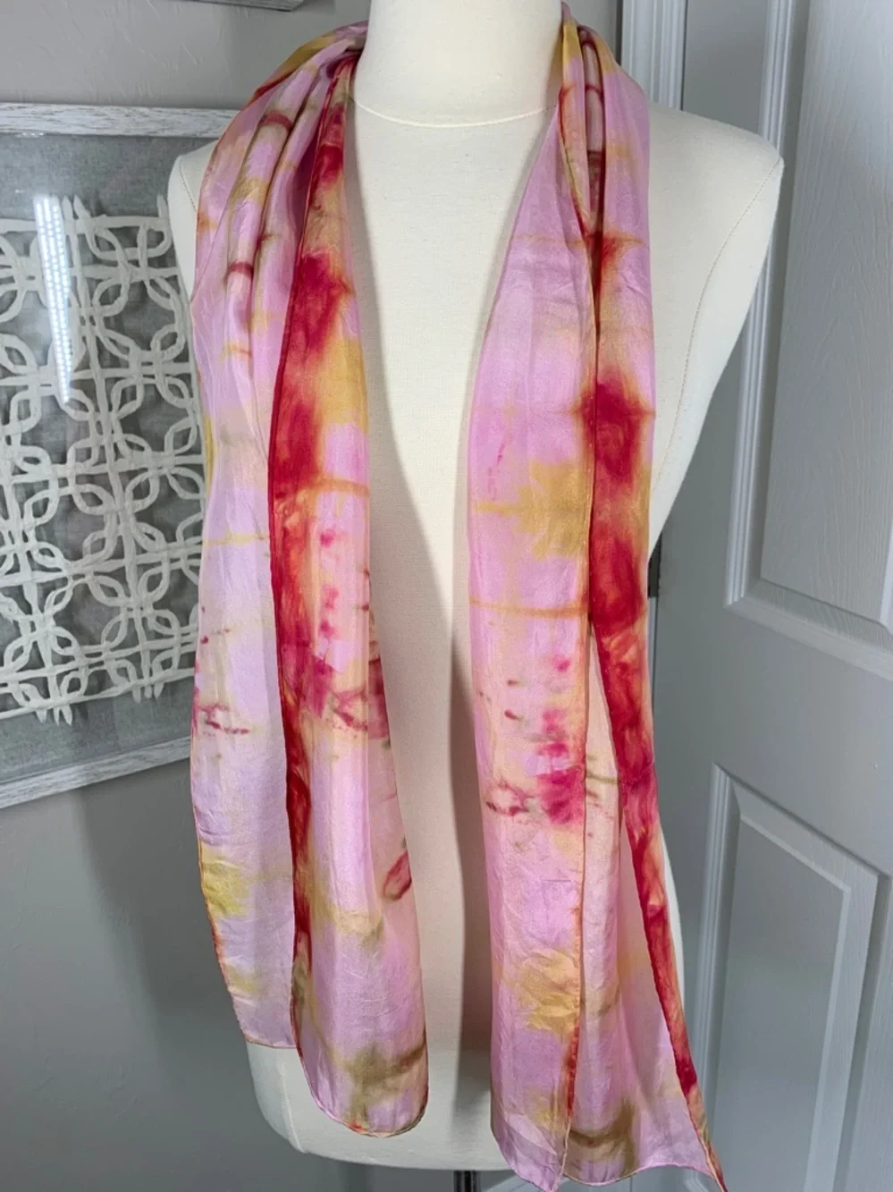 Pink and yellow silk tie dye scarf